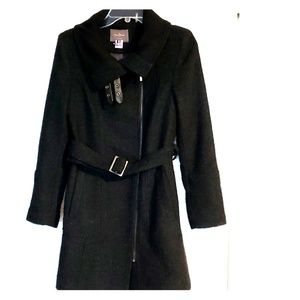 Coat - dark blue wool with leather accents - cole